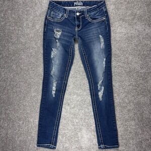 Reign Womens Low Rise Skinny Jeans Dark Wash Distressed Rhinestone Size 7 29x30